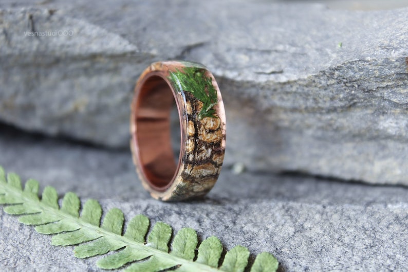 Real Juniper resin ring Birch bark Mens ring Wood resin ring Nature resin ring Boho ring Rustic ring Eco Friendly Green Forest Jewelry