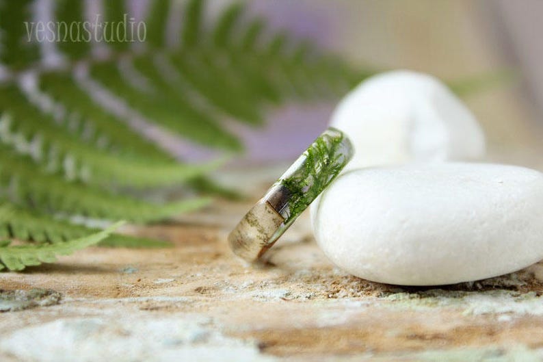 REAL Moss resin ring Birch bark ring Wood resin ring Nature resin ring Silver/copper ring Green ring Rustic ring Eco Friendly Forest Jewelry image 2