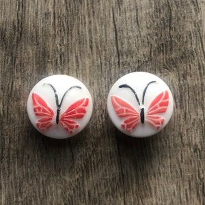 Czech Glass Button Butterfly Red/White, glass shank, 2 buttons 13mm or 18mm