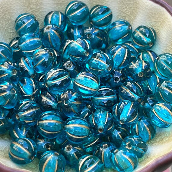 Teal and Gold, 8mm Melon Bead, Czech Glass Bead, 25 Beads