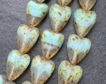 Czech Glass Heart Bead Matte Crystal and Aqua Picasso Finish, 6 Beads, 13mm x 16mm