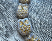 Horned Owl, White Opal with Gold Wash, 18x15mm, 4 Beads, Czech Glass