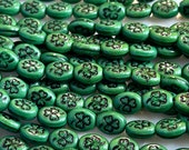 Green and Black Shamrock Czech Glass 10mm, Clover Bead, 15 beads