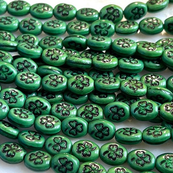 Green and Black Shamrock Czech Glass 10mm, Clover Bead, 15 beads
