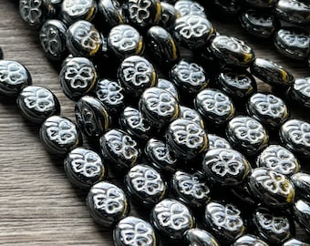 Hematite Shamrock Czech Glass 10mm, Clover Bead, 20 beads