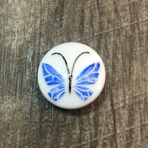 Czech Glass Button Butterfly Blue/White, glass shank, 18mm