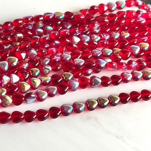 Siam Ruby AB Transparent Heart Czech Glass Bead 6mm 25 Beads