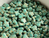 Opaque Turquoise with Gold Wash Lily Flower Beads, Czech Glass Flower Beads, 9mm, 15 Beads