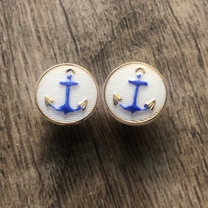 White Blue Gold Anchor Button, 2 Buttons, 13mm Czech Glass Button