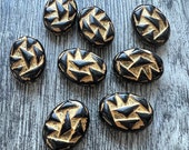 Black and Gold Czech Glass Oval Bead, Geometric Triangle Pattern, 8 Beads, 17 x 13mm