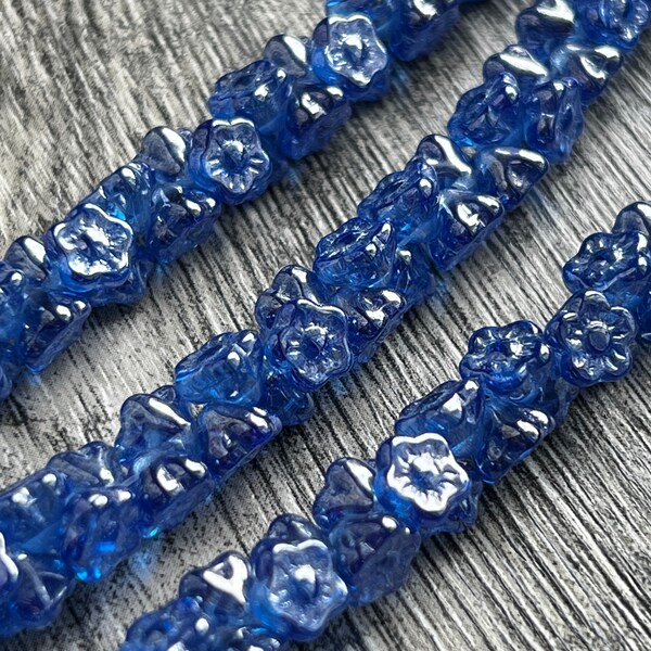 Sapphire Luster Button Flower Beads, Czech Glass Flower Beads, 5x7mm, 24 Beads