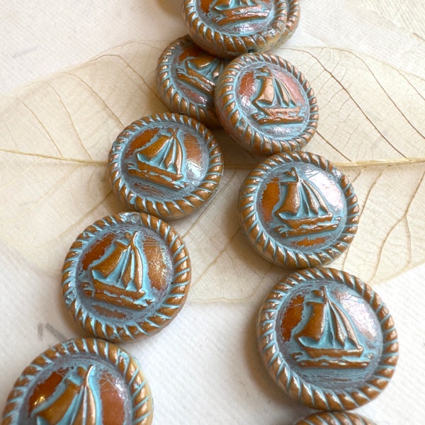 Czech Glass Pressed Sailboat Bead Butterscotch Light Blue Wash 4 beads 19.5mm