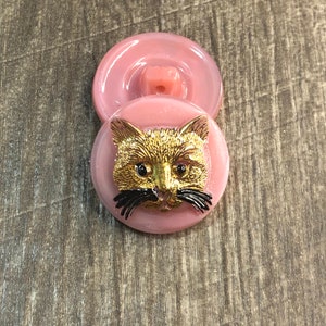 Glass Statement Button, Pink/Gold Cat, glass shank, 22mm