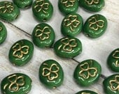 Green and Gold Shamrock Czech Glass 10mm, Clover Bead, 20 beads