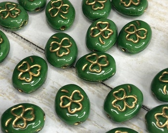 Green and Gold Shamrock Czech Glass 10mm, Clover Bead, 20 beads