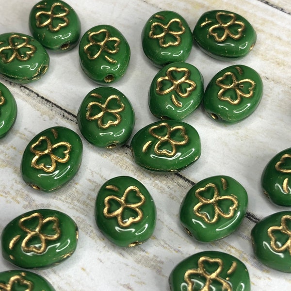 Green and Gold Shamrock Czech Glass 10mm, Clover Bead, 20 beads