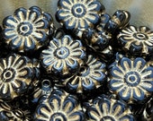 Black and Gold Daisy Flower Czech Glass Bead, 17mm, 6 beads