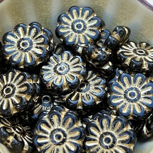 Black and Gold Daisy Flower Czech Glass Bead, 18mm, 6 beads