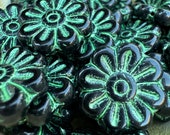 Black and Green Daisy Flower Czech Glass Bead, 17mm, 6 beads