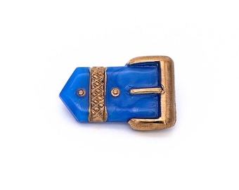 Botón de cristal checo vintage, hebilla azul brillante/dorada, 22 mm
