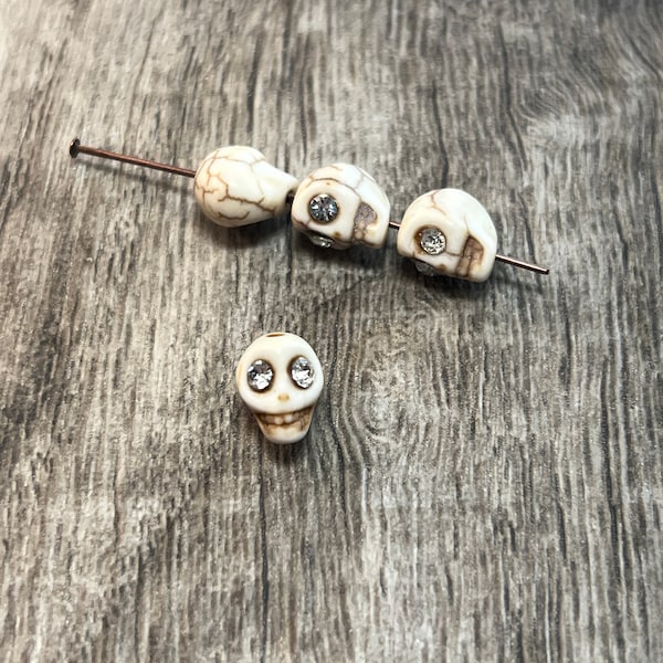 9mm Magnesite Skull Bead with Crystal Eyes, 4 Beads
