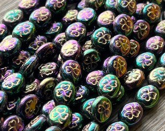 Purple Iris Shamrock Czech Glass 10mm, Clover Bead, St. Patrick&#39;s Day, 20 beads