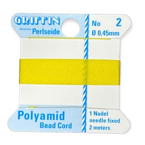 Griffin Polyamid Bead Cord - No 2 - 0.45mm - No 4 - 0.60mm - No 6 0.70mm - Yellow - Needle Attached - 2 Meters - 2 Pieces