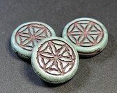 Flower Of Life Coin - Czech Glass - Blue Green - Picasso Finish - Brown Wash - 18mm - 2 Beads