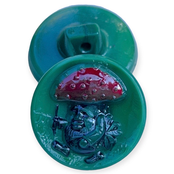 Vintage Green/Red/Black Mushroom Man Czech Glass Button, Glass Shank, 18mm