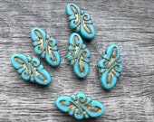 Czech Glass Beads - Arabesque Bead - Turquoise Gold Wash - 19x10mm - 6 pcs