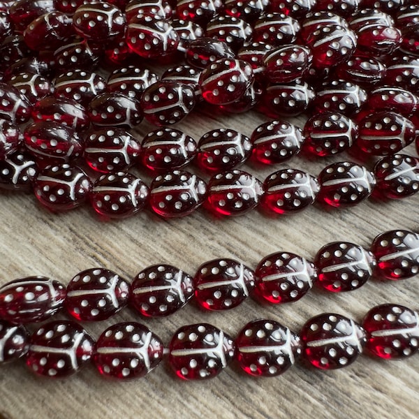 Transparent Garnet and Silver Ladybug Bead 8x7mm 24 Beads