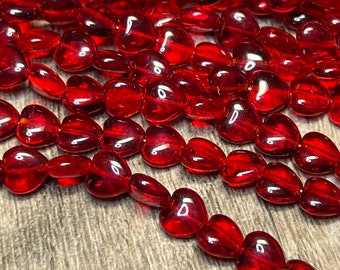 Red Transparent Heart Czech Glass Bead 8mm 25 Beads