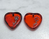 17x16mm Transparent Orange Travertine Table Cut Engraved Flower Czech Glass Heart Pendant/Charm 2 pcs.