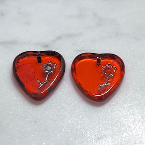 17x16mm Transparent Orange Travertine Table Cut Engraved Flower Czech Glass Heart Pendant/Charm 2 pcs.