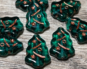 Czech Glass Christmas Tree Beads, Green and Copper, 17mm, 8 beads