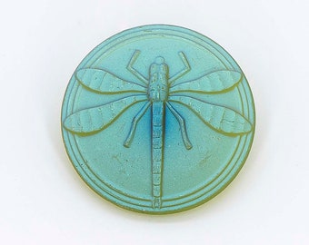Vintage Czech Glass Button, Dragonfly, 27 mm, Matte Green AB, Metal Shank