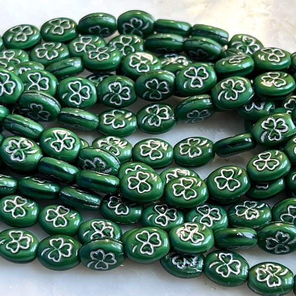 Green and Silver Shamrock Czech Glass 10mm, Clover Bead, 15 beads