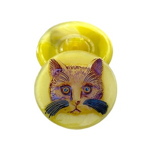 Glass Statement Button, Yellow Moonglow Cat with Black and Brown Hand Painted Details , glass shank, 22mm