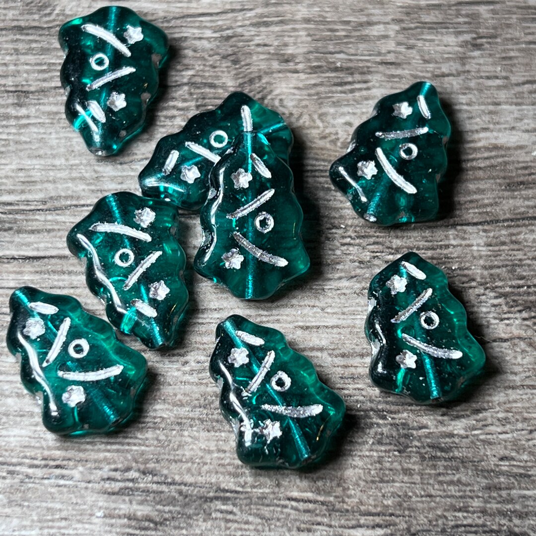 Czech Glass Christmas Tree Beads, Green and Silver, 17mm, 8 Beads Etsy