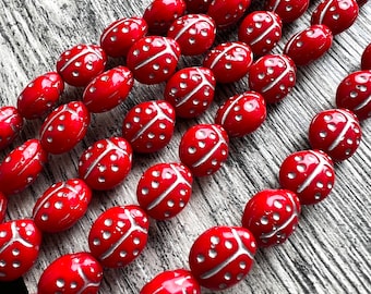 Red and Silver Ladybug Bead 9x7mm 25 Beads