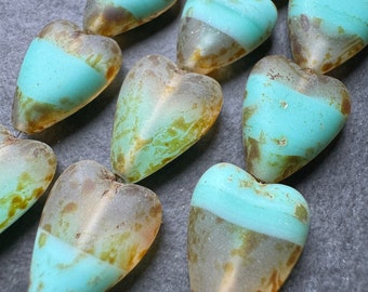 Czech Glass Heart Bead Matte Crystal and Turquoise Picasso Finish, 6 Beads