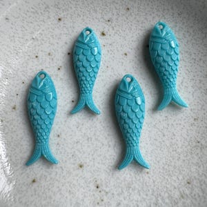 Turquoise Blue Carved Fish Charms – Vintage German Resin Charms for Jewelry Making, Ocean Coastal Nautical Theme, Sardine Fish, 27mm, 2 pcs.