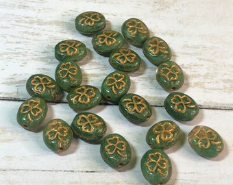 Green, Crystal and Gold Shamrock Czech Glass 10mm, Clover Bead, 20 beads