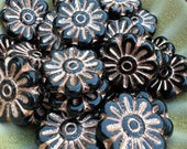 Black and Copper Daisy Flower Czech Glass Bead, 17mm, 6 beads
