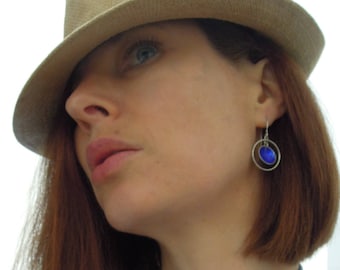 Sterling Silver electric blue enameled earrings, with textured suspended circle in hoop, pendant drop pieced earrings.