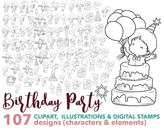 Huge Birthday Digital Stamps Set, Party Digi Stamps, Birthday Clip Art, Party Clipart, Creative Designs, Planner Stickers, DIY Projects