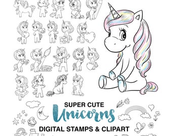 Unicorn Digital Stamps Set, Cute Unicorn Clipart for Coloring, Scrapbooking, Card Making, and Creative Projects, High-Resolution PNG,