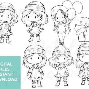 Cute Girls Digital Stamps, Party & Birthday Black and White Clip Art, Coloring Pages for Card Making, Scrapbooking, and Crafts, Digi Stamps image 9