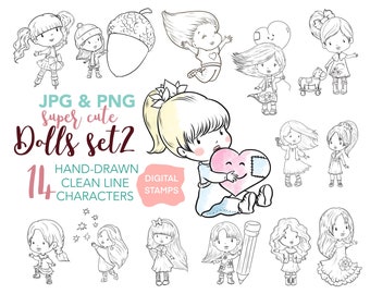 Dolls Digital Stamps Set, Girls digi Stamps,  Cute Clipart, Digital Stickers, Illustrations, Printable Characters, PNG & JPG, Crafts Clips,