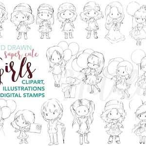 Cute Girls Digital Stamps, Party & Birthday Black and White Clip Art, Coloring Pages for Card Making, Scrapbooking, and Crafts, Digi Stamps image 1